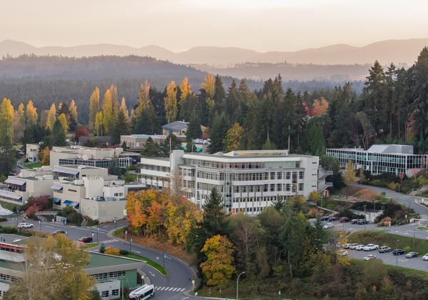 aerial photo of the campus in the fall season