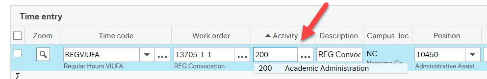 Time entry screen with red arrow pointing to Activity field.