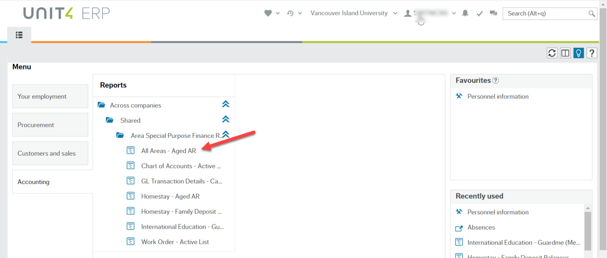 Workspace of Employee Portal with red arrow pointing to All Areas - Aged AR item under the Areas Special Purpose Finance Reports folder that is in the Shared folder that is in Across companies under main Reports heading.
