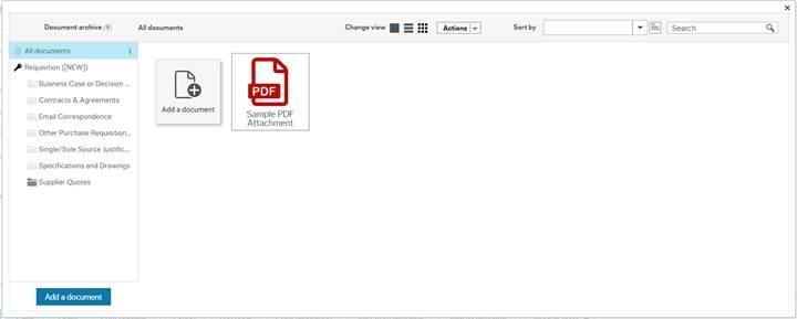 Document archive window is open displaying "Add a document" icon as well as Sample PDF Attachment file icon.