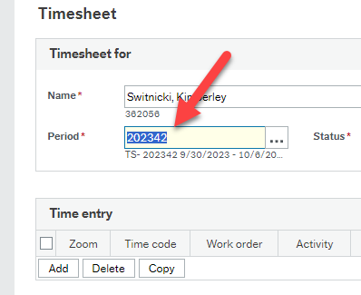 Red arrow pointing to Period field indicating you can change the last digit to reflect the correct week you wish to look at. 