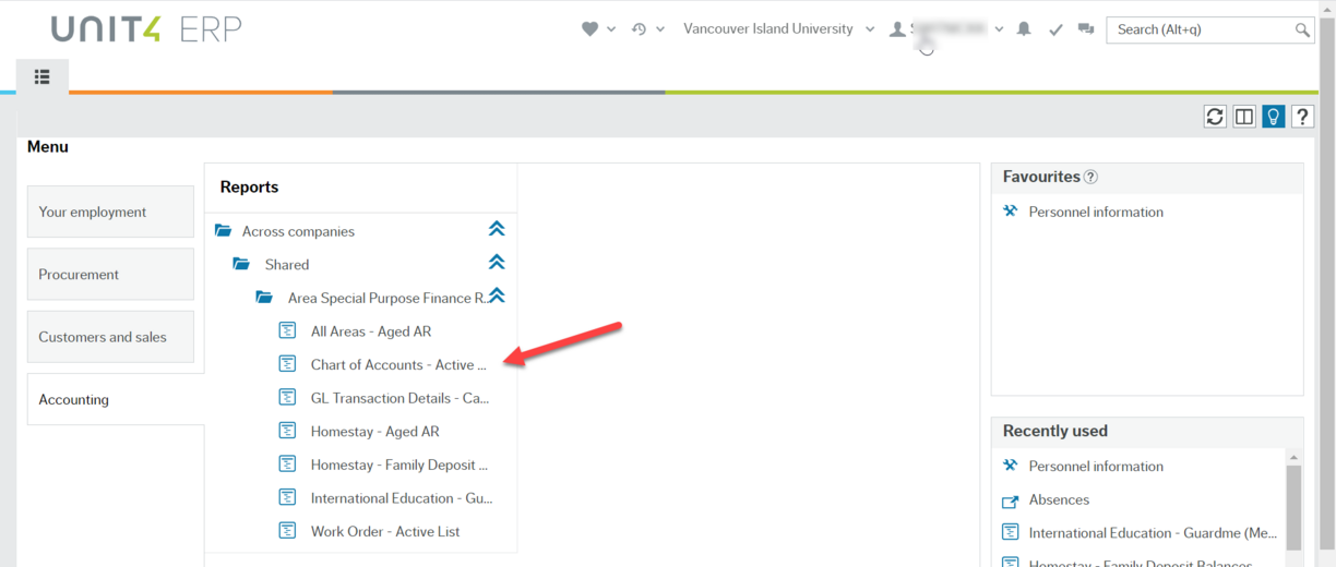 Workspace of Employee Portal with red arrow pointing to Chart of Accounts - Active List item under the Areas Special Purpose Finance Reports folder that is in the Shared folder that is in Across companies under main Reports heading.