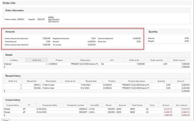 Screenshot of "Order information" box with a red outline around "Amounts" section showing "Order amount" as 7,500, "Posted" as 4,459.50, "To invoice" as 1,040.50 and "Amount delivered" as 4,459.50 with other items as zero.