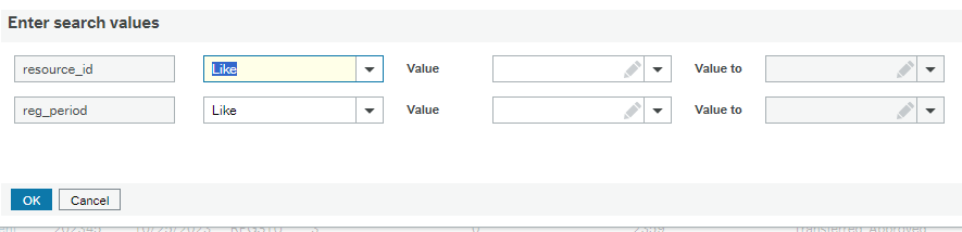 Dialogue box titled Enter search values with resource_id and reg_period as options to fill in values for 