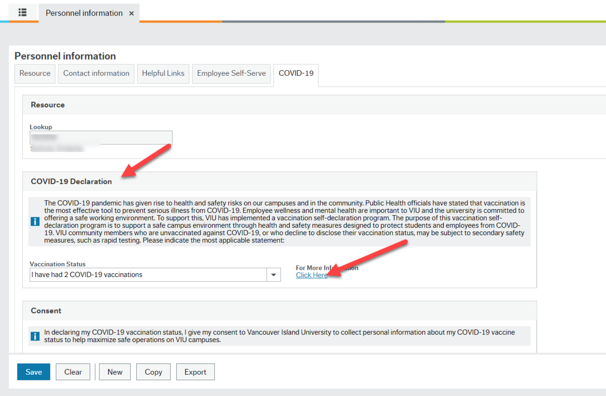 Personnel information window open in Employee Portal showing COVID-19 tab open and red arrows pointing to COVID-19 Declaration text and link to "For More Information" which leads to website page with this same text.