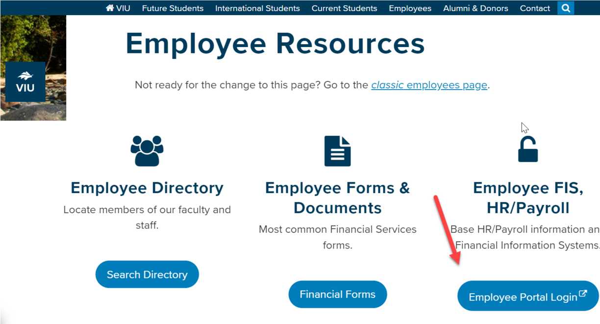Employee Resources web page with red arrow pointing to blue button with Employee Portal Login link inside it.