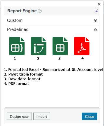 Report Engine dialogue box showing options for Export: Formatted Excel, Pivot table, Raw data and PDF formats.