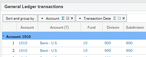 Screen shot of five columns: Account, Account (T), Fund, Division and Subdivision and two rows of data with the heading Account:: 1010.