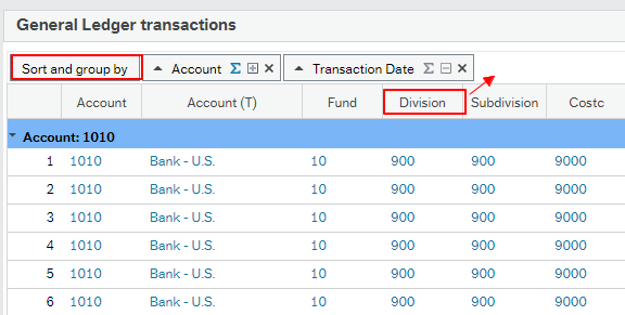 Screen shot of General Ledger transactions box with box called Sort and group by highlighted above columns indicating the button to choose.