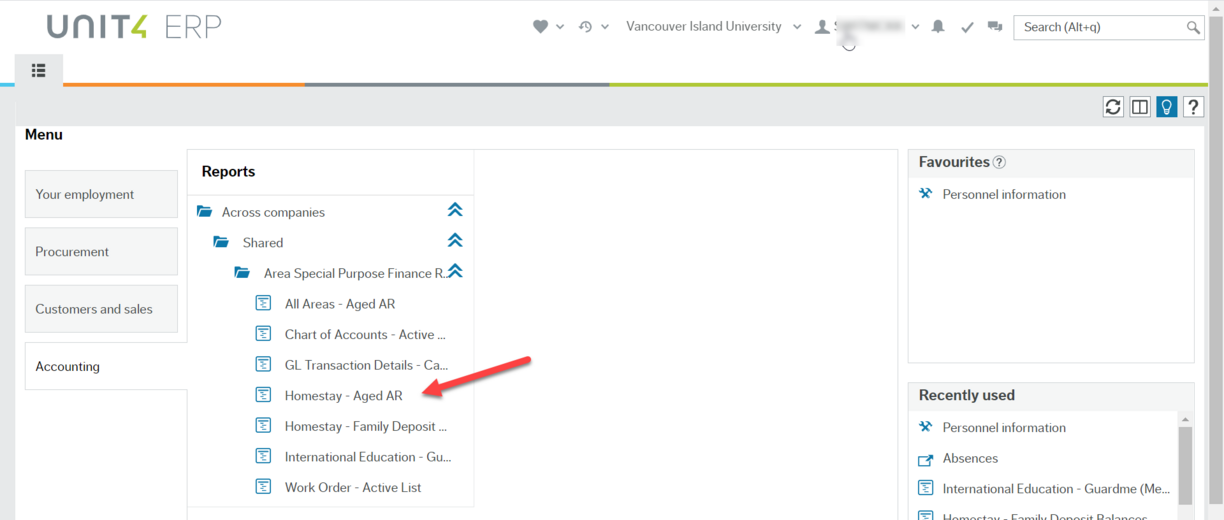 Workspace of Employee Portal with red arrow pointing to GL Transaction Details - Carbon Reporting item under the Areas Special Purpose Finance Reports folder that is in the Shared folder that is in Across companies under main Reports heading.