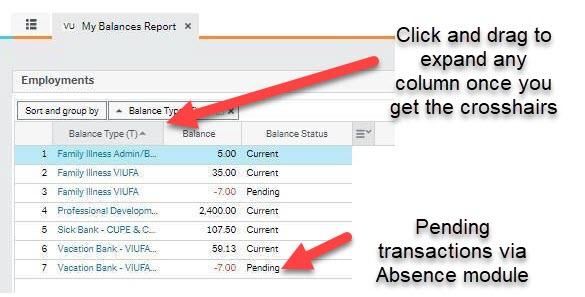 Screen shot of My Balances Report with arrows pointing to column border to show how to expand and a Pending transaction under Balance Status column. 