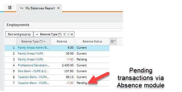 Screen shot of My Balances Report with arrow pointing to a Pending transaction under Balance Status column. 