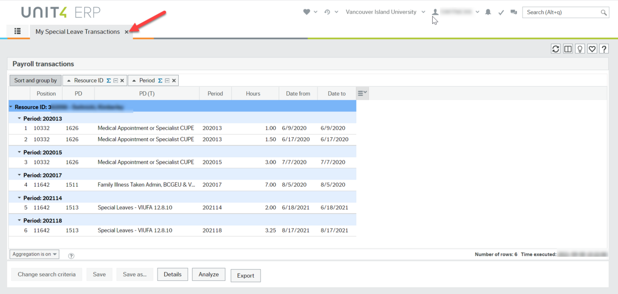 Screen shot of My Special Leave Transactions window showing transactions for Medical Appointment or Specialist CUPE, Family Illness Taken Admin, BCGEU and VIUFA and also Special Leaves - VIUFA 12.8.10 on various dates. 
