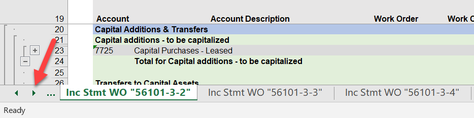 Small portion of Inc Stmt window showing red arrow pointing to bottom left corner with right and left facing black triangle arrows to click to move between worksheets in the Excel workbook.
