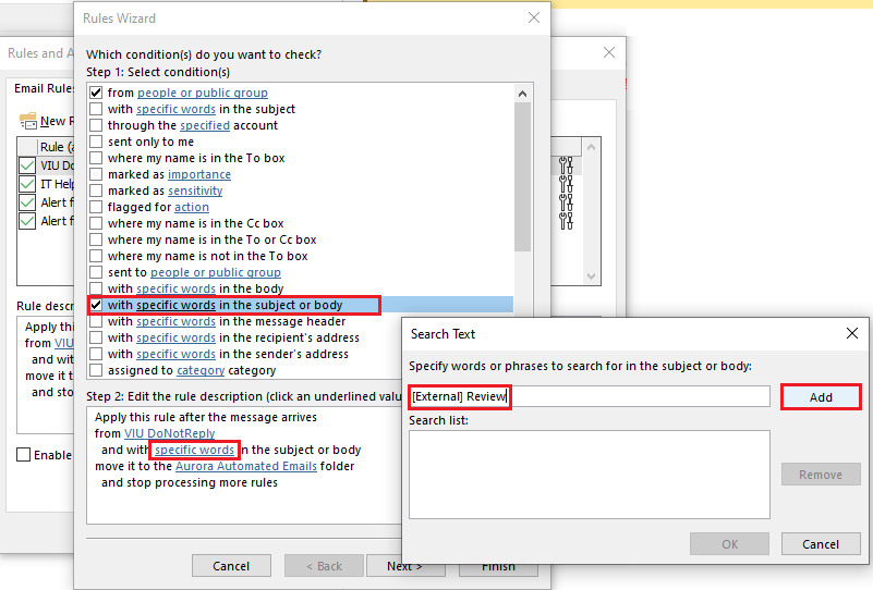 Screen shot of Outlook Rules Wizard boxes open with highlights on menu items: "with specific words in the subject body", specific words, and External Review and Add.