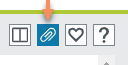 Arrow pointing to paperclip icon in blue box beside other icons of heart, question mark and box with line splitting it in two.