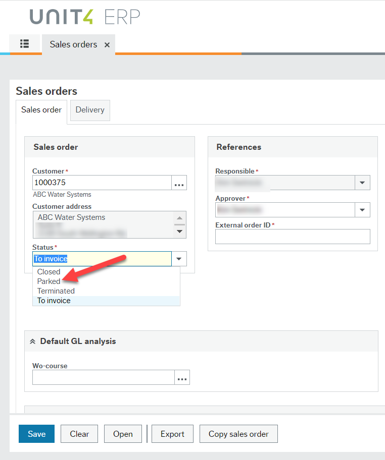 Screen shot of Sales Order in Employee Portal with a red arrow pointing to the word "Parked" in a dropdown list for the "Status" field beneath the "Customer address" field for ABC Water Systems in the Sales Order tab of the Sales Order activity. 