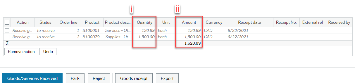 Screen shot of Missing Goods receipt window with 2 rows of data and 13 columns. Two columns are highlighted and labelled i and ii: Quantity and Amount.