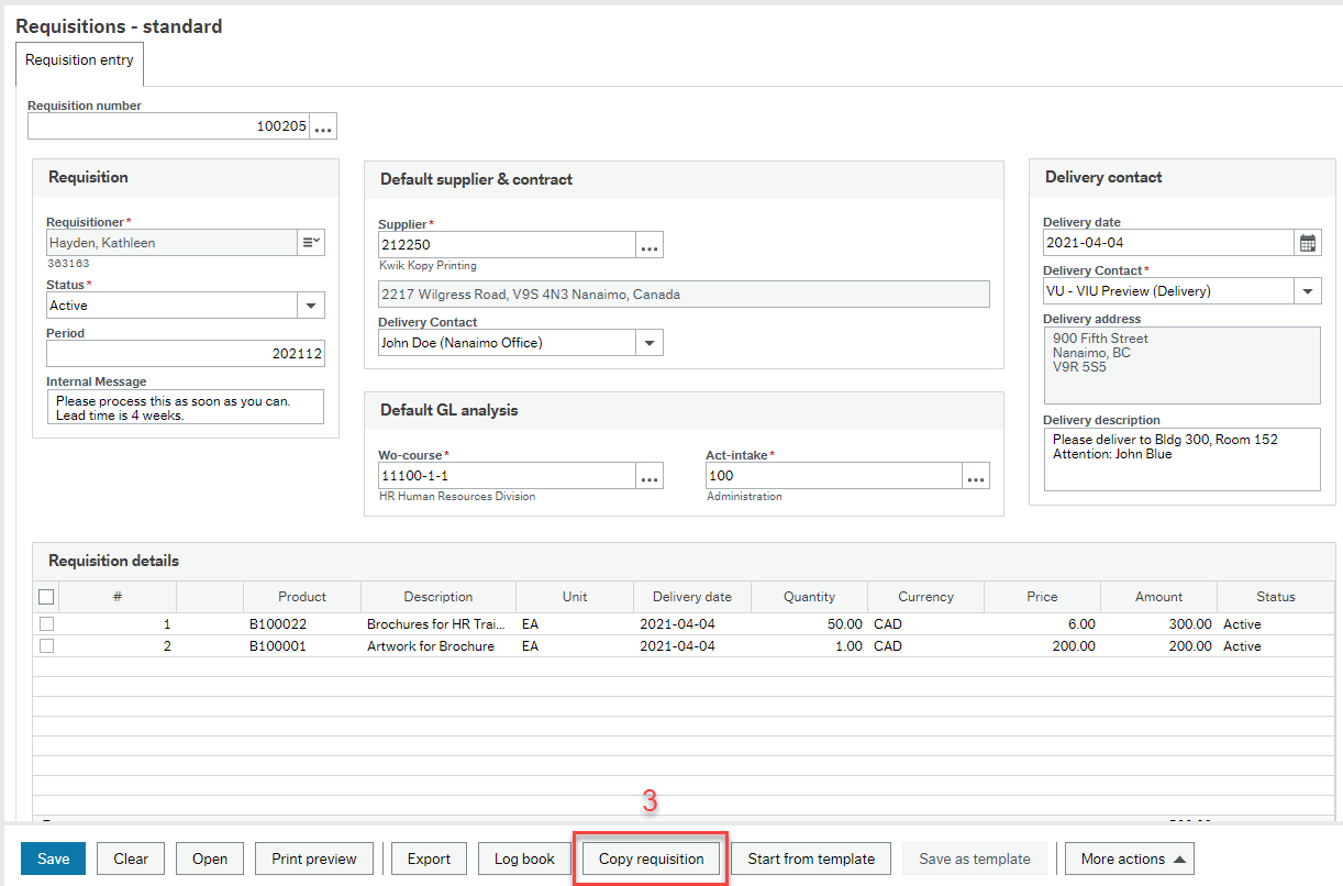 Purchase Requisition screenshot with details filled in and "Copy requisition" button highlighted at bottom