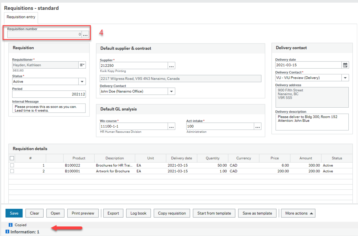 Purchase Requisition screenshot indicating a zero in the Requisition number field at the top and a note at the bottom that the system says the Requisition has been copied