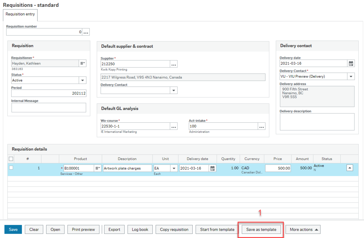 Purchase Requisition screenshot with details and highlighting the "Save as template" button on the bottom of the screen.