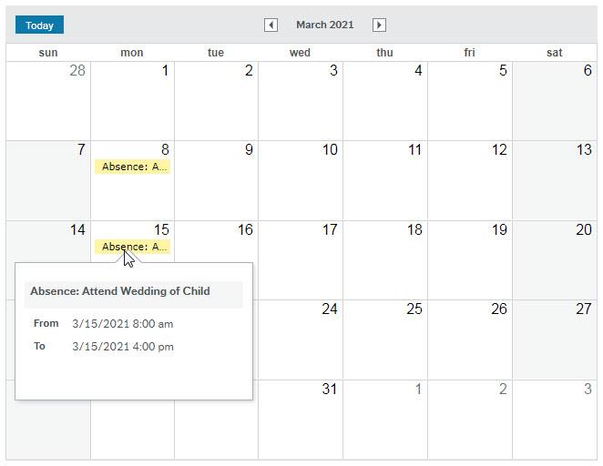 Screenshot of absence request calendar