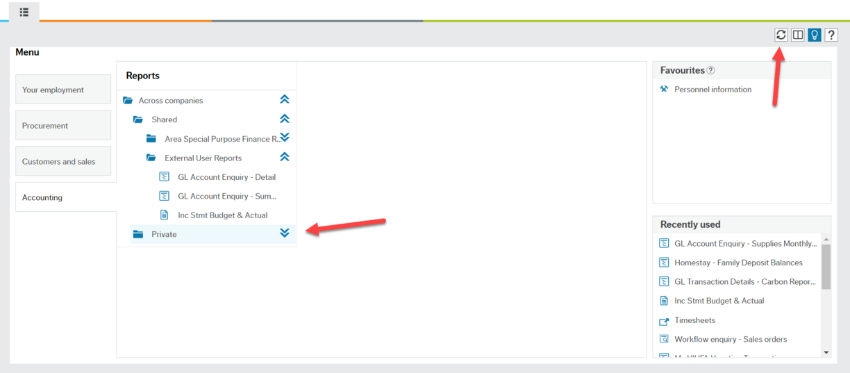 Employee Portal Workspace with a red arrow pointing to the circle made of two arrows in the top right corner and a red arrow pointing to the "Private" folder under Reports&gt;Across Companies.