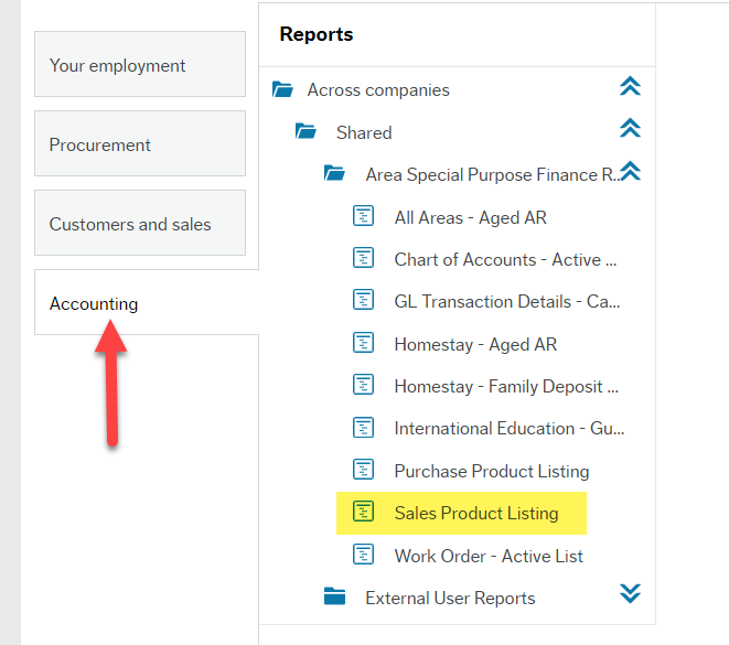 Red arrow pointing to Accounting tab on Employee Portal main home screen and then a list of folders to the right of it with "Sales Product Listing" highlighted under Area Special Purpose Finance Reports folder which is beneath Across companies/Shared.