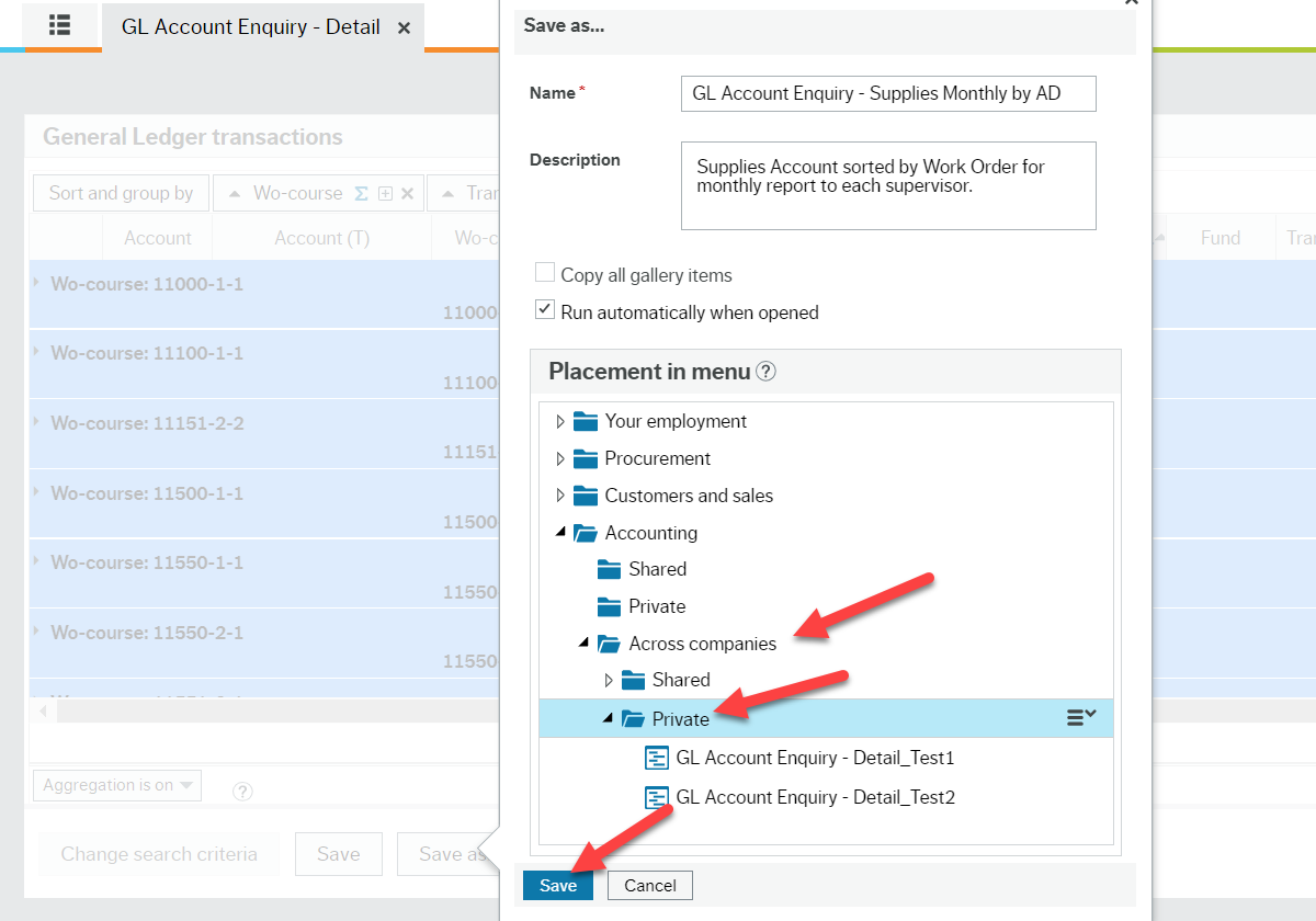Screen shot of "Save as" dialogue box open with red arrows pointing at a folder called "Across companies" as well as to the folder beneath that called Private and then a final red arrow pointing to the blue Save button.