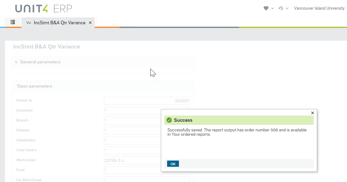 Screen shot of Success box titled in green showing "Successfully saved. The report output has order number 506 and is available in Your ordered reports." with an OK button highlighted below it.
