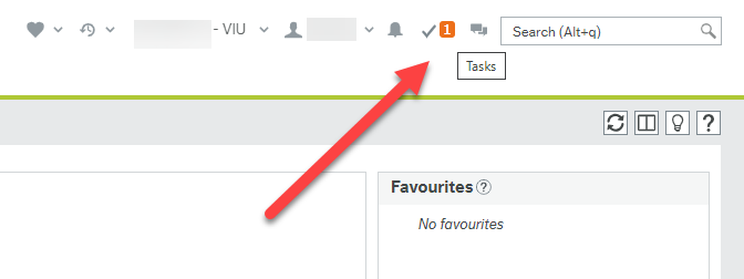 Red arrow pointing to check mark icon in the top left corner of employee portal window that also shows an orange box with number 1 in it. 