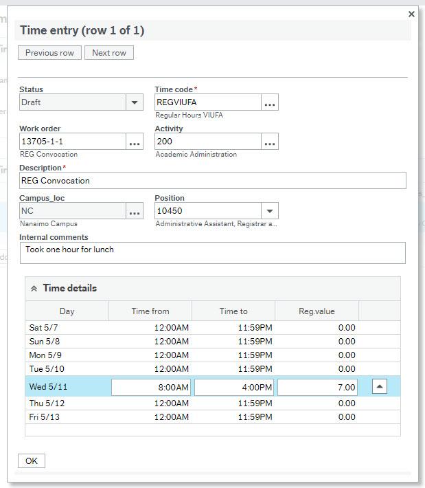 Screenshot of time entry detail screen, start and end times and total hours for Wednesday highlighted