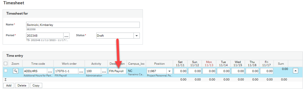 Timesheet entry screen with red arrow pointing at Description field for the work order