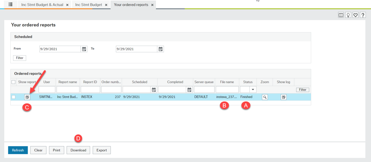 "Your ordered reports screen" showing date range, a list with one row with "1" by "Status" col. showing Finished, "2" by "File name" col. showing numbered file name, "3" by "Show report" col. showing file icon with red arrow pointing to it, "4" by Downloa