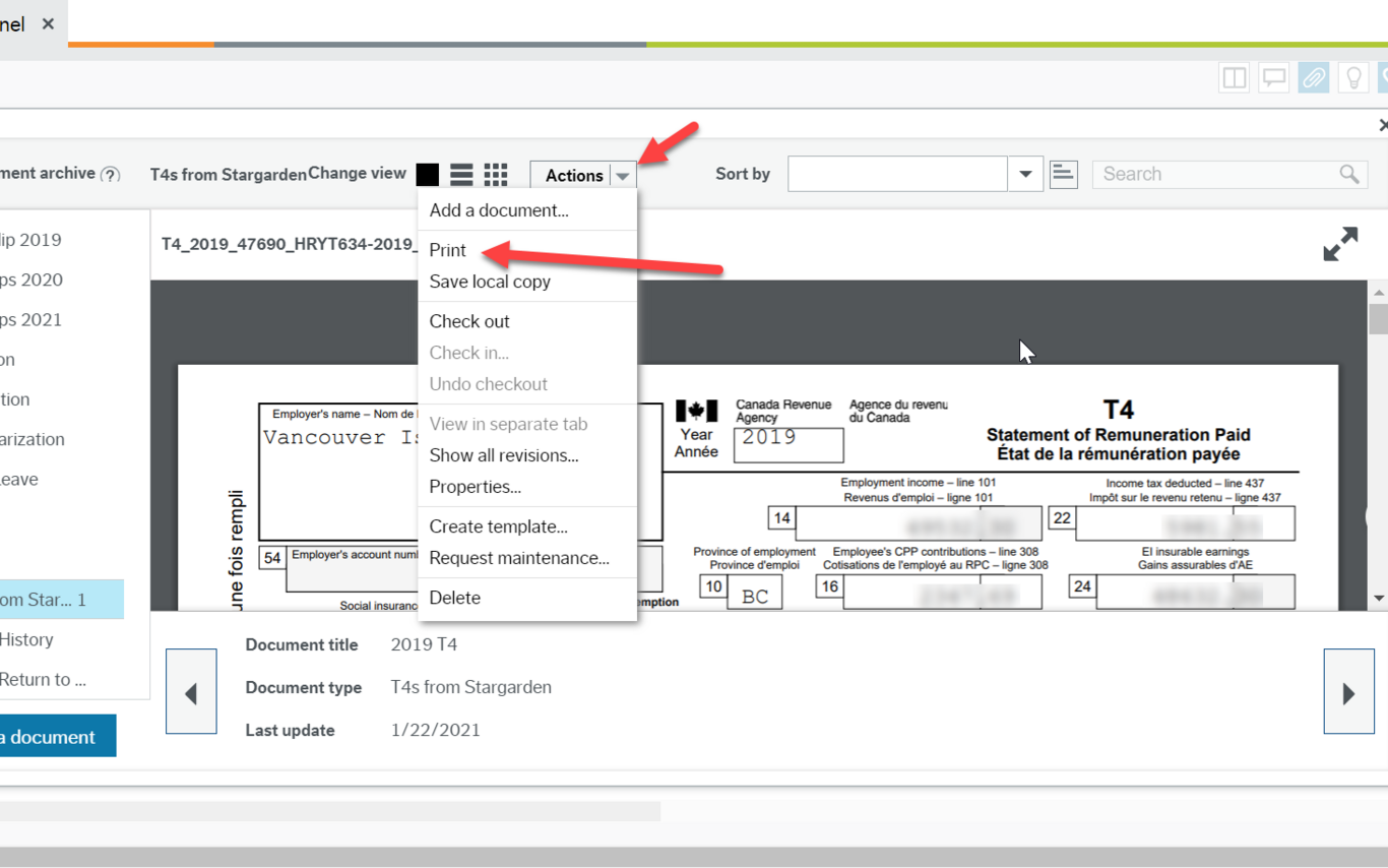 Screenshot of Action menu in Document archive pointing to Print menu item