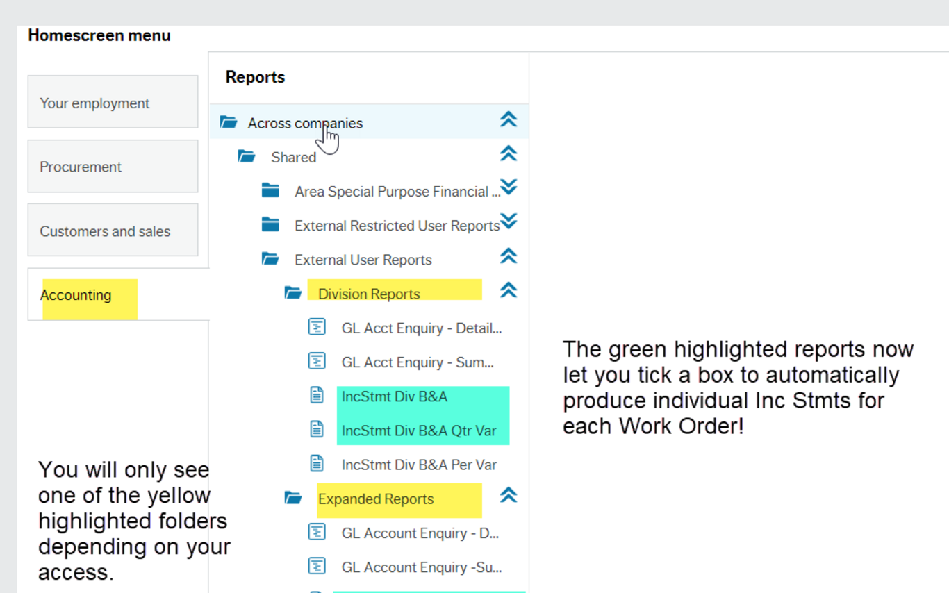 Employee Portal Home screen with highlighted folders "Division" and "Expanded" Reports and IncStmt Div B&A, IncStmt Div B&A Qtr Var, IncStmt Budget & Actual and IncStmt B&A Qtr Variance.
