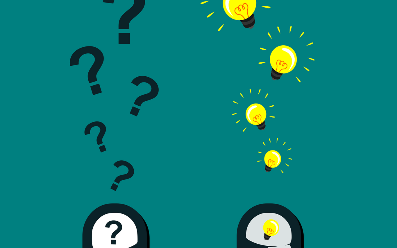 Two cartoon heads, one with thought bubble question marks and the other with thought bubble lightbulbs. 